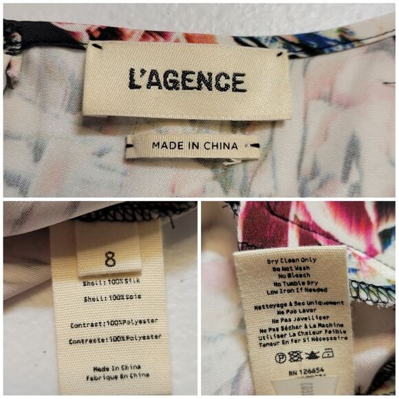 L'AGENCE Silk Floral Midi Dress with Mesh Long Sleeves Black Women's Size 8 - Picture 8 of 12